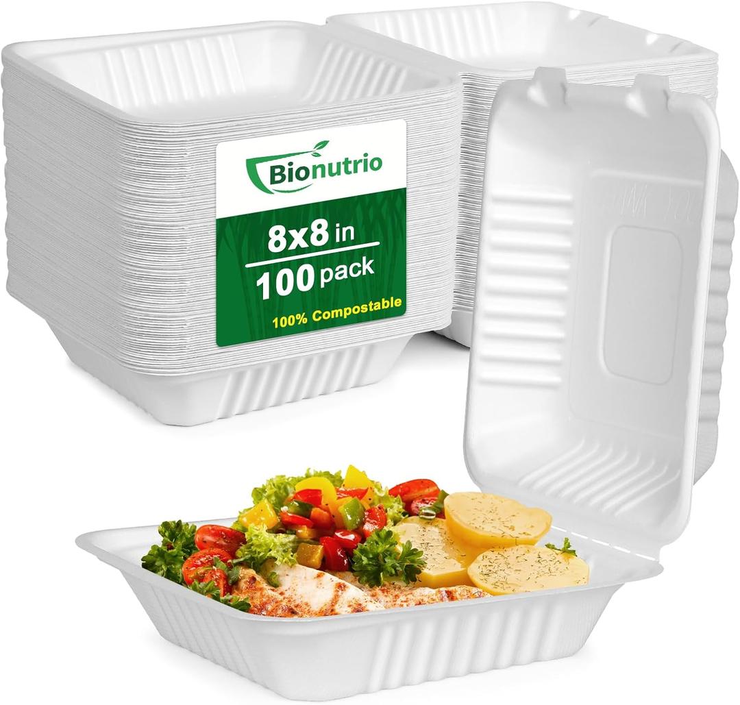 To Go Food Containers Disposable, Compostable Clamshell Containers 8x8, To Go Boxes For Food 100 Pack, Biodegradable Sugarcane Take Out Containers, Disposable Food Containers With White Bagasse