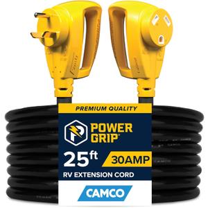 Camco Power Grip 25-Ft 30 Amp Camper RV Extension Cord - Male to Female (NEMA TT-30P to TT-30R) - Rated for 125V/3750W - Features Heavy Duty 10-Gauge Copper Wire & Weather Resistant PVC (55191)