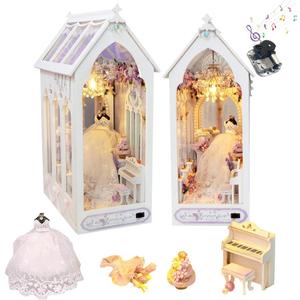 DIY Book Nook Kit Miniature Wedding Clothes House 3D Wooden Puzzle with LED Lights Bookshelf Lnsert Decor Bookend Dollhouse Kit Crafts for Adults