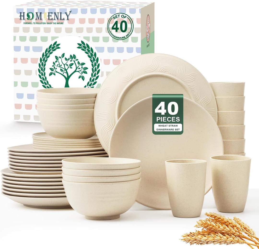 Homienly 40 PCS Dinnerware Set Service for 8, Kitchen Wheat Straw Dinnerware Set Unbreakable - Plates Set, Bowls Set,Cups Set, Microwave and Dishwasher Safe Dish Set for Dinner, Outdoor(Beige)