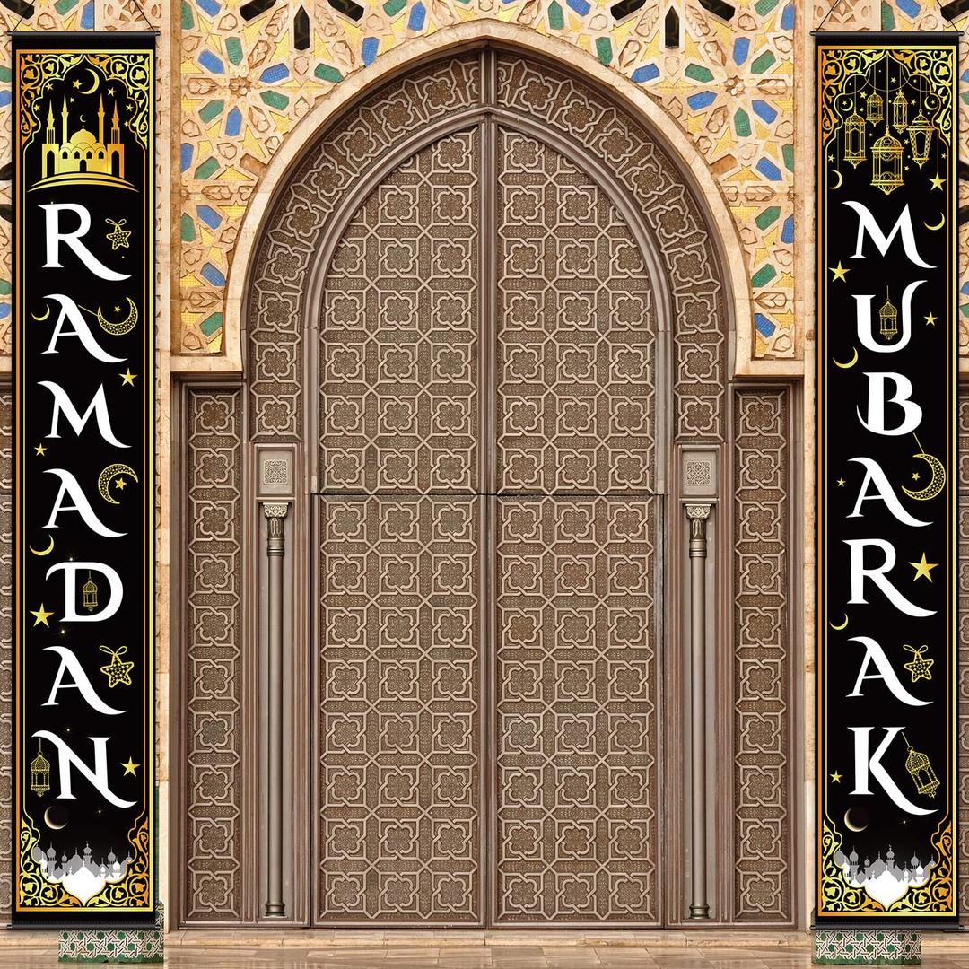 Blulu Ramadan Mubarak Door Banner Ramadan Porch Sign Banner Eid Mubarak Decoration Muslim Hanging Door Decoration for Indoor Outdoor Decor Eid Al-fitr Party Supplies(Black)