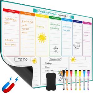 MaxGear Weekly Dry Erase Board for Fridge, Magnetic Calendar Whiteboard Planner for Refrigerator with Stain Resistant Technology, Include 7 Fine Point Markers and 1 Eraser, 16"x12"