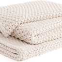 YnM Chunky Cotton Knit Throw Blanket, Cable Knit Throws for Bed Couch Sofa, Comfy & Relaxing, Decorative Piece for Farmhouse Modern Boho Rustic Scandinavian Chic Vibe, Cream White 50x60 Inches