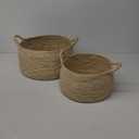 Decorative Round Wicker Woven Rope Storage Blanket Basket with Braided Handles - Set of 2