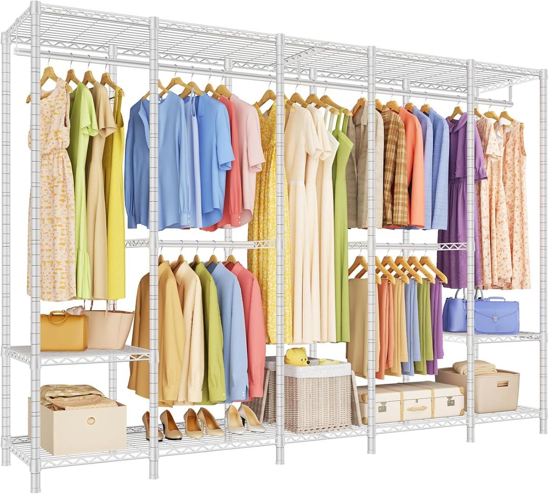 ULIFHOME H50 Clothes Rack, Large Clothing Racks for Hanging Clothes, White
Heavy Duty Garment Rack with Shelves, Freestanding Portable Wardrobe Closet 89.8'' W x 15.8" D x 76.2" H, Max Load 1400 Lbs