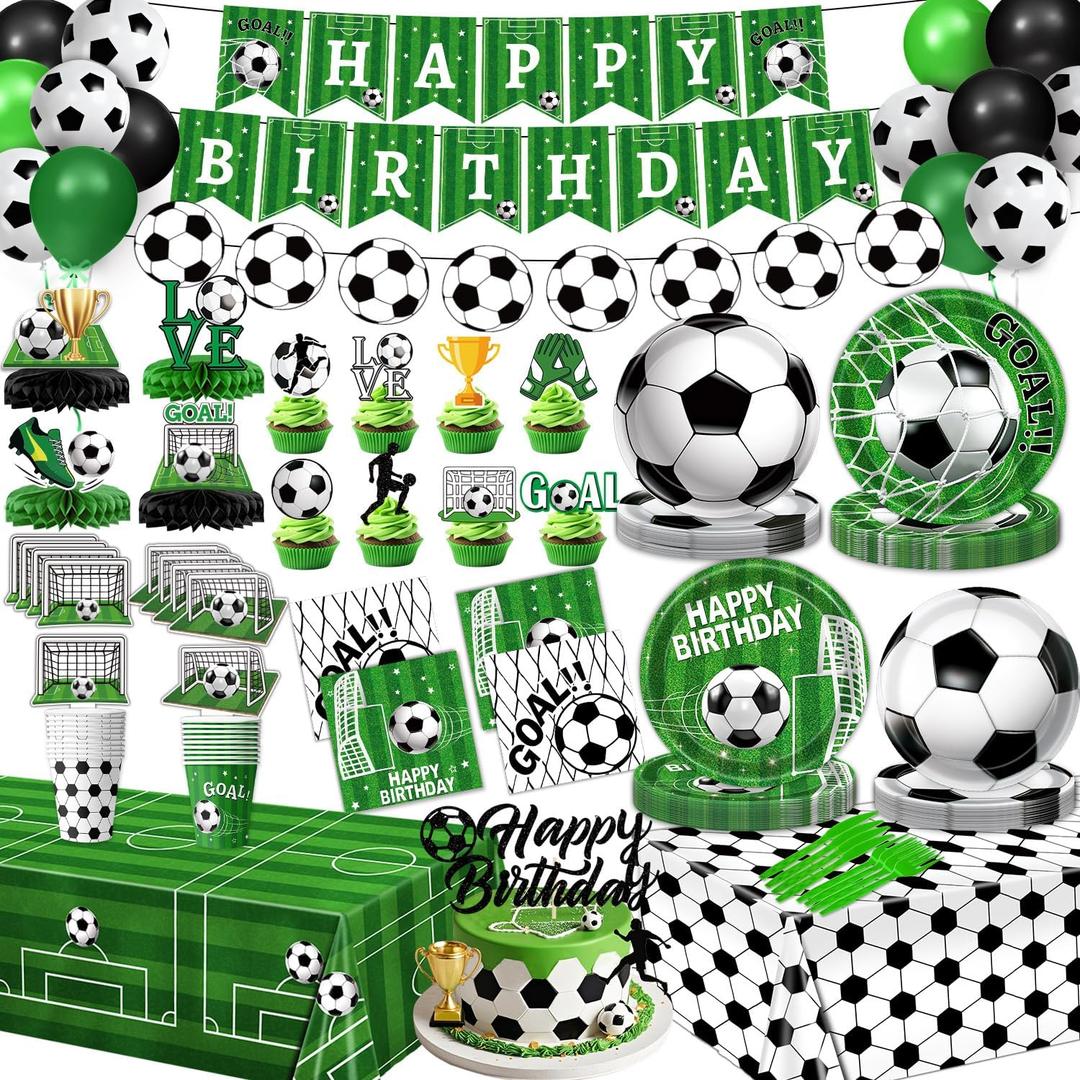 Soccer Birthday Party Decorations Includes Plates, Napkins, Cups, Tablecloths, Balloons, Cake & Cupcake Toppers, Honeycomb Centerpieces, Banner for Boys Sport Soccer Party Decorations, Serves 24