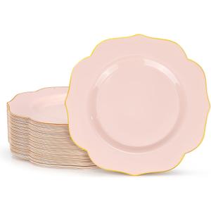 bUCLA 48Pieces Pink Plastic Dessert Plates - 7.5inch Premium Hard Pink with Gold Rim Small Cake/Salad/Appetizer Plates Disposable for Wedding, Party, Shower & Easter