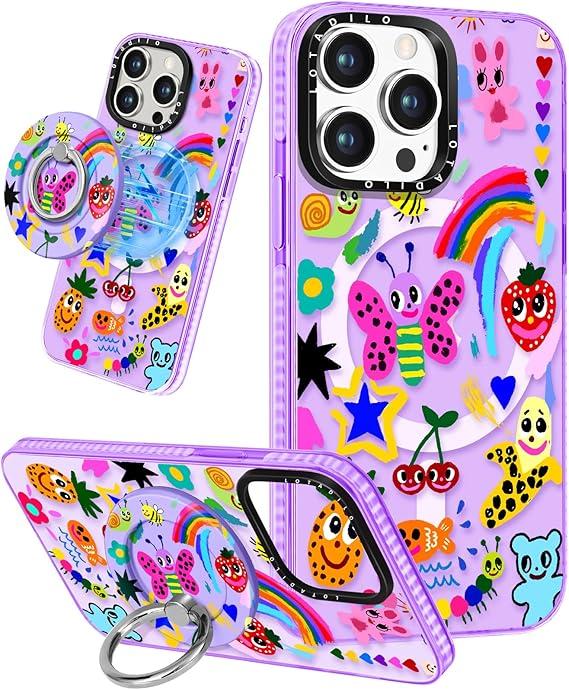 for iPhone 14 Pro Max Case for Women - Cute Design Girls Compatible with Magsafe Magnetic Ring Holder Stand Art Crayon Painting Phone Covers Aesthetic Girly TPU Funda for 14 Pro Max