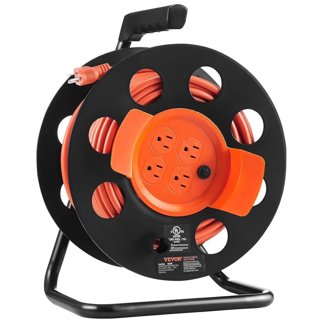 VEVOR 100FT Retractable Extension Cord Reel, with 4 Outlets and Dust Cover, Heavy Duty 12AWG SJTOW Power Cord, Portable Handle and Safety Overload Circuit Breaker, for Outdoor Indoor Toolshed Garage