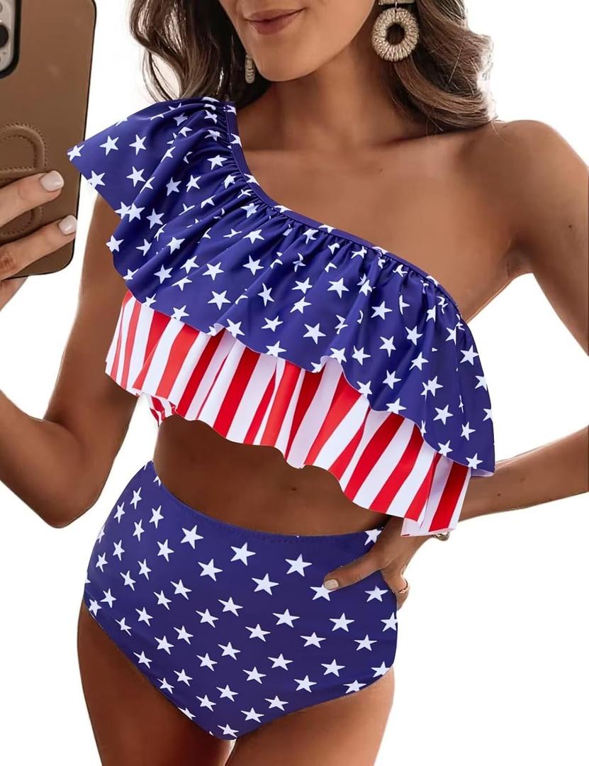 VIMPUNEC Ruffle One Shoulder Swimsuits for Women Striped High Waisted Two Piece Bathing Suits (Small, American Flag 3)