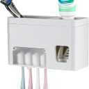LUEXBOX Self Adhesive Toothbrush Holders Wall Mounted, Multifunction Toothpaste Stand with Covers, Automatic Toothpaste Dispenser for Bathroom, Toothbrush Hanger Rack for Dorm, Cabinet