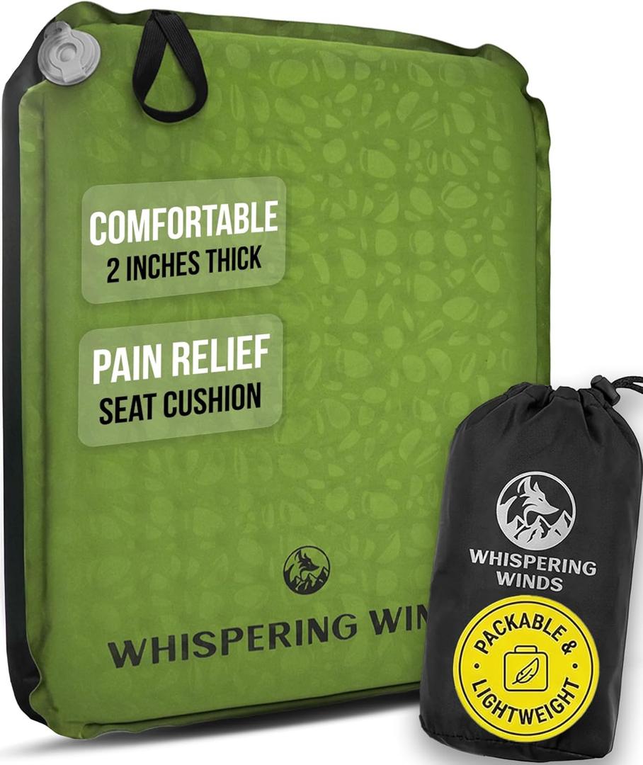 Whispering Winds Inflatable Seat Cushion - Comfortable Blow-up Foam Pad for Airplane, Travel, Stadium, Outdoors, Camping, Car & More (Large, Military Green - 1pack)
