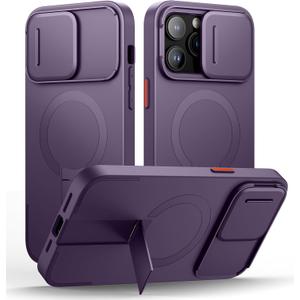 SURITCH for iPhone 14 Pro Max Case with Magnetic Camera Slide Cover and Adjustable Kickstand, Compatible with MagSafe, Shockproof Bumper Case Slim Protective Cover 6.7 Inch, Dark Purple