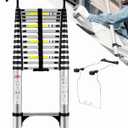 Telescoping Ladder&Ladder Stabilizer, 17.5 FT Aluminum Portable Extension Ladder w/Hooks, Stabilizers& Wheels, Heavy Duty 330lbs Max Capacity -Silver