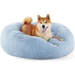 Bedsure Calming Dog Bed for Medium Dogs - Donut Washable Medium Pet Bed, Anti-Slip Round Fluffy Plush Faux Fur Cat Bed, Fits up to 45 lbs Pets, Blue, 30 inches