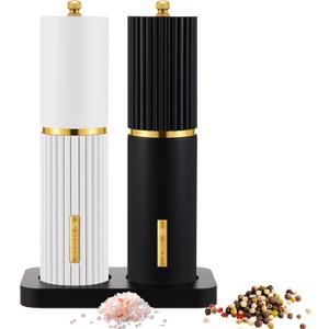 Wooden Salt and Pepper Grinder Set 8 Inch Manual Salt and Pepper Mill with Tray Adjustable Coarseness and Refillable Wood Grinders with Gold Bottle Label for Kitchen Gift(Black,White)