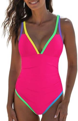 popvil Women's One Piece 2025 Tummy Control Swimsuits Neon Color Block Swimwear Deep V Neck Slimming Bathing Suit M