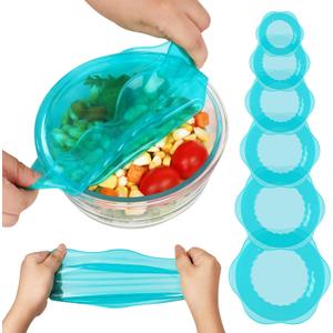 Silicone Stretch Lids for Food Storage in Fridge, Reusable Elastic Bowl Covers for Cup, Cans, Jars, Round & Rectangle Container, Food Grade Silicone Microwave Food Cover, Heat-Resistant, Blue, 5PCS