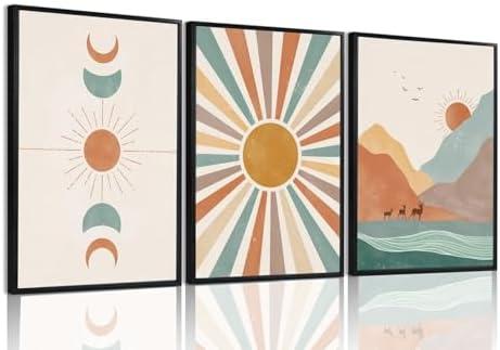 okudolit Mid Century Modern Boho Framed Canvas Wall Art Set of 3 Geometric Minimalist Abstract Colorful Sun Moon Mountain Pictures Wall Decor Paintings Prints for Living Room Bedroom Office-16x24in