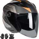 Open Face 3/4 Motorcycle Helmets for Adult Men Women, DOT Approved Dual Visor Street Bike Racing Helmet, Motorbike ATV Moped Cruiser Helmet with Gloves & Mask (Large, Matte Black Glod)