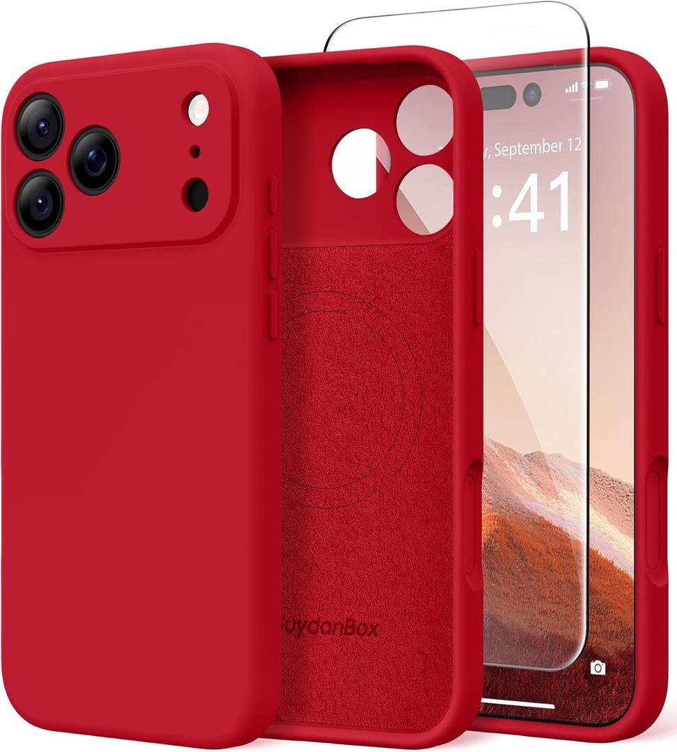 Magnetic for iPhone 17 Pro Max Case, Compatible with MagSafe, [Full Camera Protection][Screen Protector] Silicone Shockproof Protective Phone Case for iPhone 17 Pro Max 6.9", Deep Red