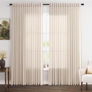 Extra Wide 100 Inch Linen Curtains for Living Room Divider Light Filtering Semi Sheer Back Tab Patio Curtains for Sliding Door Beige Coastal Decor Sunroom Floor to Ceiling Window Curtain 100x84