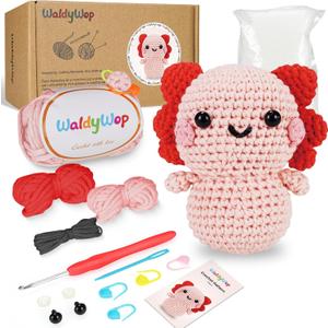 WaldyWop Crochet Kit for Beginners Kids, Wobbles Crochet Animal Kit, Complete Starter Knitting Set w/Step-by-Step Video Tutorials, Easy Yarn (Extra 40%), Hook - DIY Craft Kits, Gifts for Girls Teen (Axolotl)