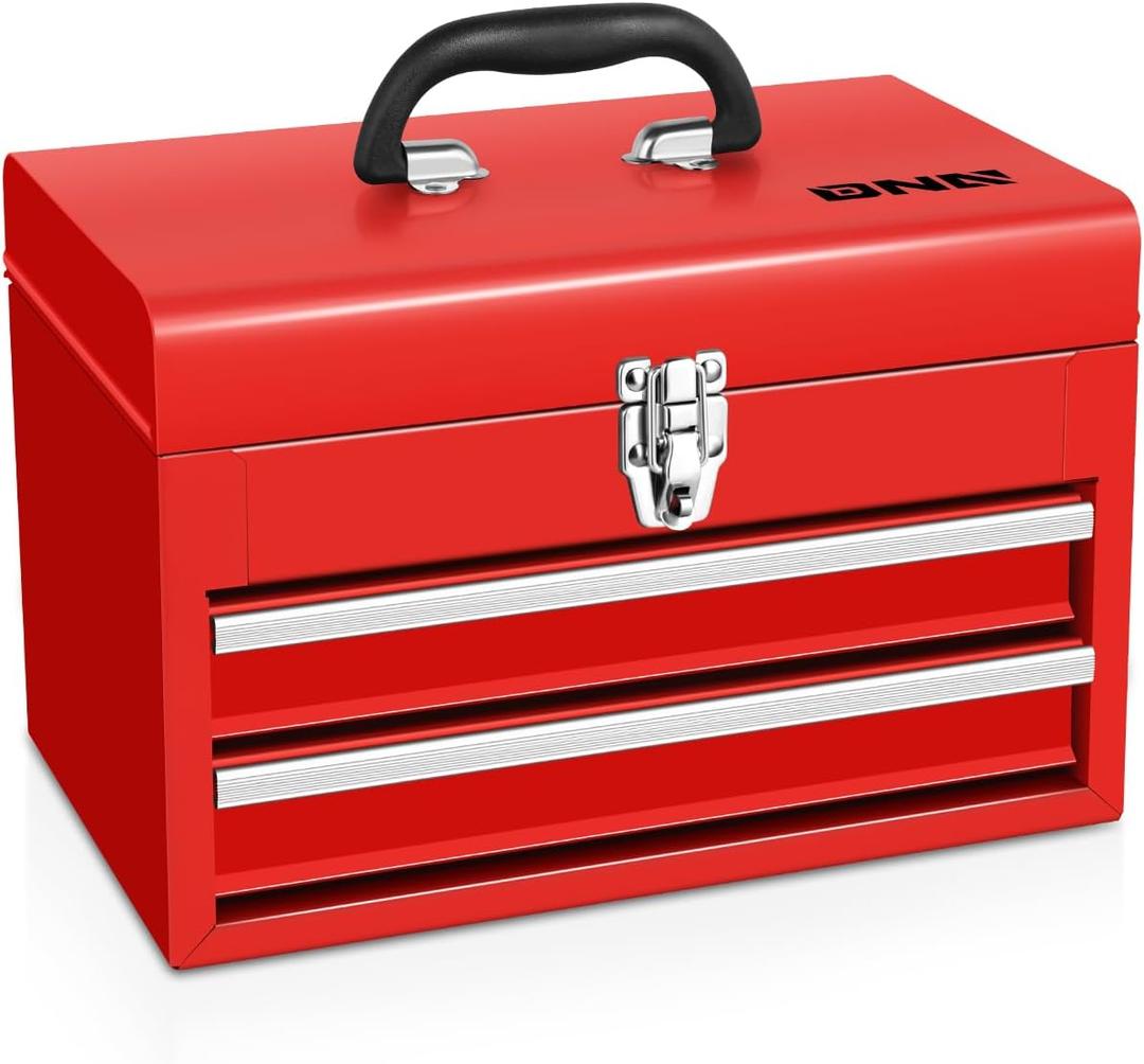 DNA MOTORING 14 Inch Steel Portable Tool Box - 2 Drawer+Top Storage Toolbox with Lockable Metal Latches for Household Workshop Repair Shop, Red, TOOLS-00406