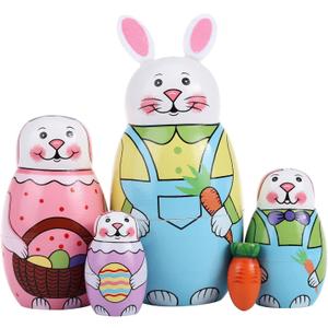 Yoption 5 Pcs Russian Matryoshka Dolls Handmade Wooden Rabbit Bunny Nesting Dolls Set for Christmas Easter Birthday Gift Home Decoration (Rabbit)