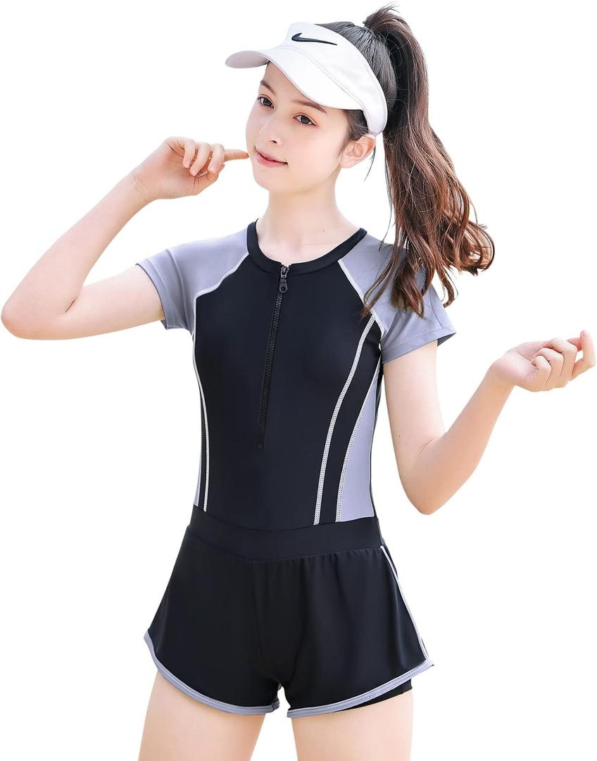 MEILONGER Girls Swimsuits, Kids One-Piece Short Sleeve Swimwear Rashguard Bathing Suits Dress Swim Shirts (Black Gray,8)