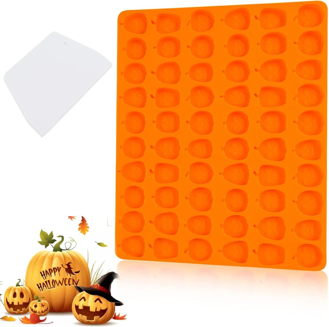 Halloween Pumpkin Candy Mold, Pumpkin Silicone Mold with 60 Mini Pumpkin Cavity, Reusable Halloween Ice Molds Baking Molds for DIY Making Candy, Fondant, Chocolate, Jelly, Cookies with Baking Scraper