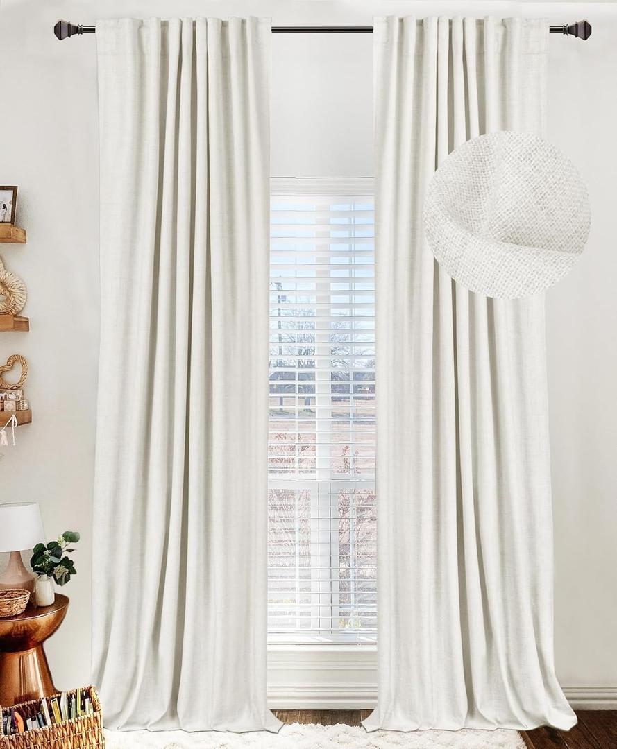 100% Blackout Shield Linen Blackout Curtains for Bedroom 108 Inches Long, Back Tab/Rod Pocket Living Room Drapes, Thermal Insulated Blackout Curtains 2 Panels Set, 50" W x 108" L, Off White
