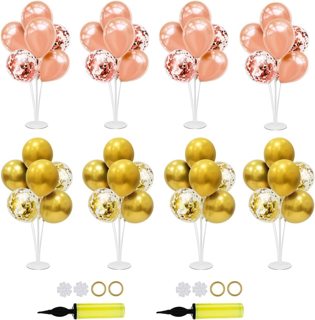 8Set Balloon Table Centerpieces, 4Set Gold balloons, 4Set Rose Gold and Confetti Balloons
