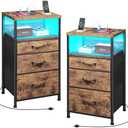 YeTom Nightstand with Charging Station Set of 2, LED Night Stand with 3 Fabric Drawers, Side Table with Open Shelf, End Table with Steel Frame,3 Drawer Dresser for Bedroom, Brown