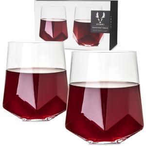 Viski Raye Faceted Crystal Wine Glasses Set of 2, No-Lead Premium Crystal Clear Glass, Modern Stemless, Wine Glass Gift Set, 20 oz