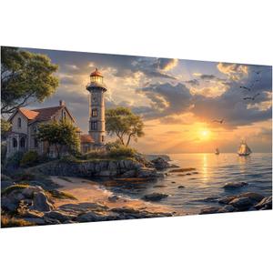 HeeBenor Large Diamond Art Kit for Adults, 5D Lighthouse Painting Kit, DIY Full Drill Sunset, Gem Art Kit for Home Wall Decor 27.5 X 15.7 Inch