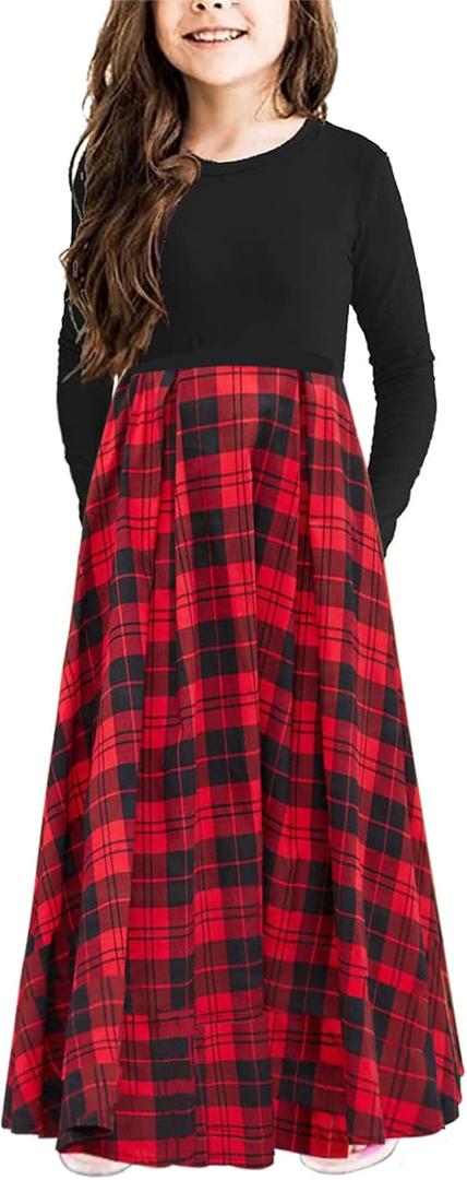 KYMIDY Girls Maxi Dress Kids Buffalo Check Plaid Long Sleeve Casual Dresses with Pockets for Girls, Red, 14 Years