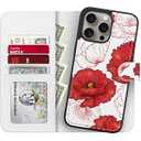 DorisMax for iPhone 14 Pro Max Wallet Case, Detachable Flip Folio Cover RFID Blocking 4 Card Slots Holder Premium PU Leather Magnetic Kickstand Phone Case for iPhone 14 Pro Max 6.7" Red White Flowers