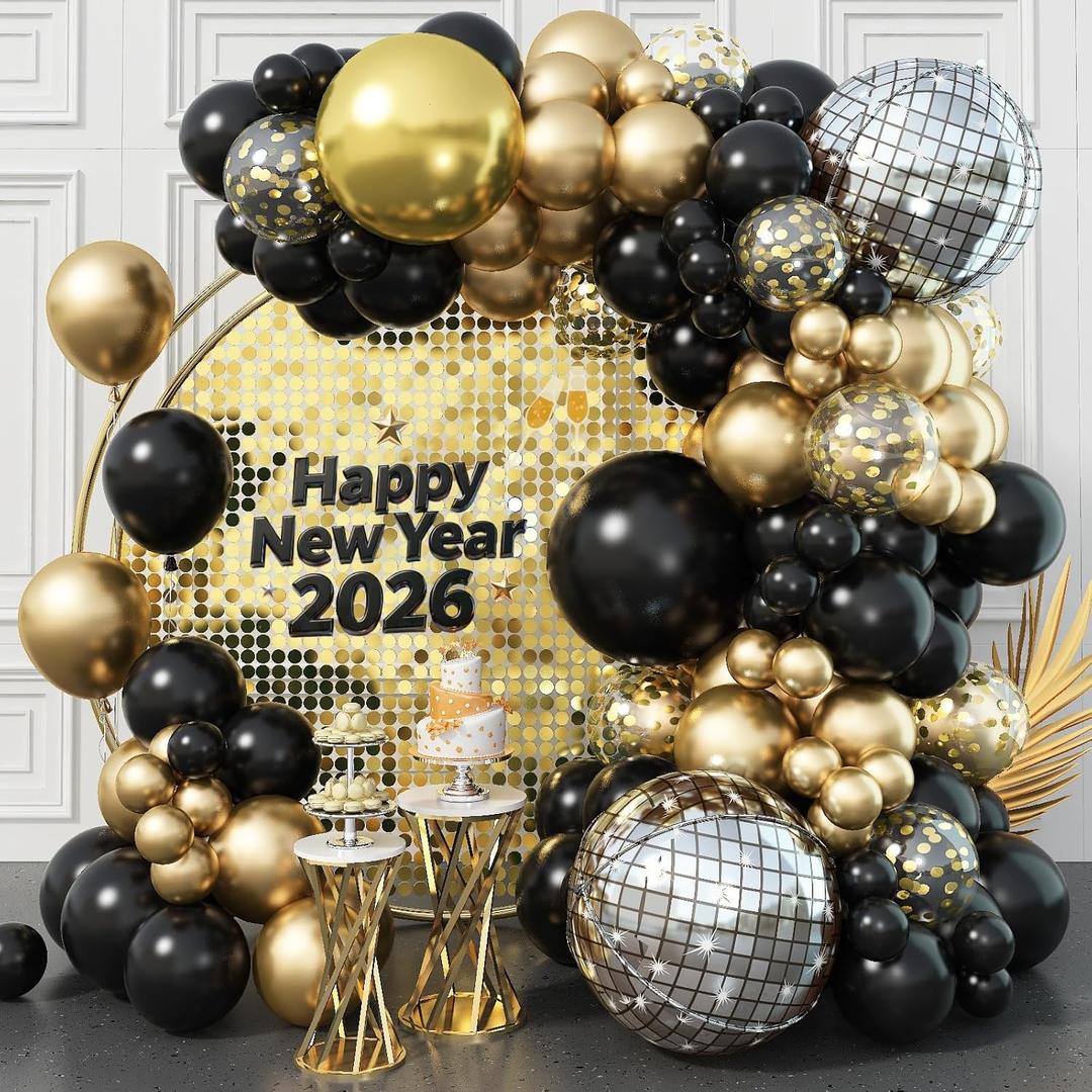 Black and Gold Balloons Garland Arch Kit, 18 12 10 5 Inch Black Metallic Gold Balloon Arch Kit, Champagne Gold Party Decorations with 4D Disco Balloon for Graduation Birthday Retirement New Year