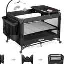 Baby Bassinet Bedside Crib, Pack and Play with Mattress, Diaper Changer, One-Push Setup Playards from Infants to Toddlers (Black) (Dark Gray)