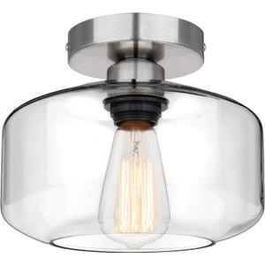MAXvolador Industrial Semi Flush Mount Ceiling Light Brushed Nickel, Clear Glass Pendant Lamp Shade Farmhouse Lighting Hallway, Hanging Light Fixture, Large