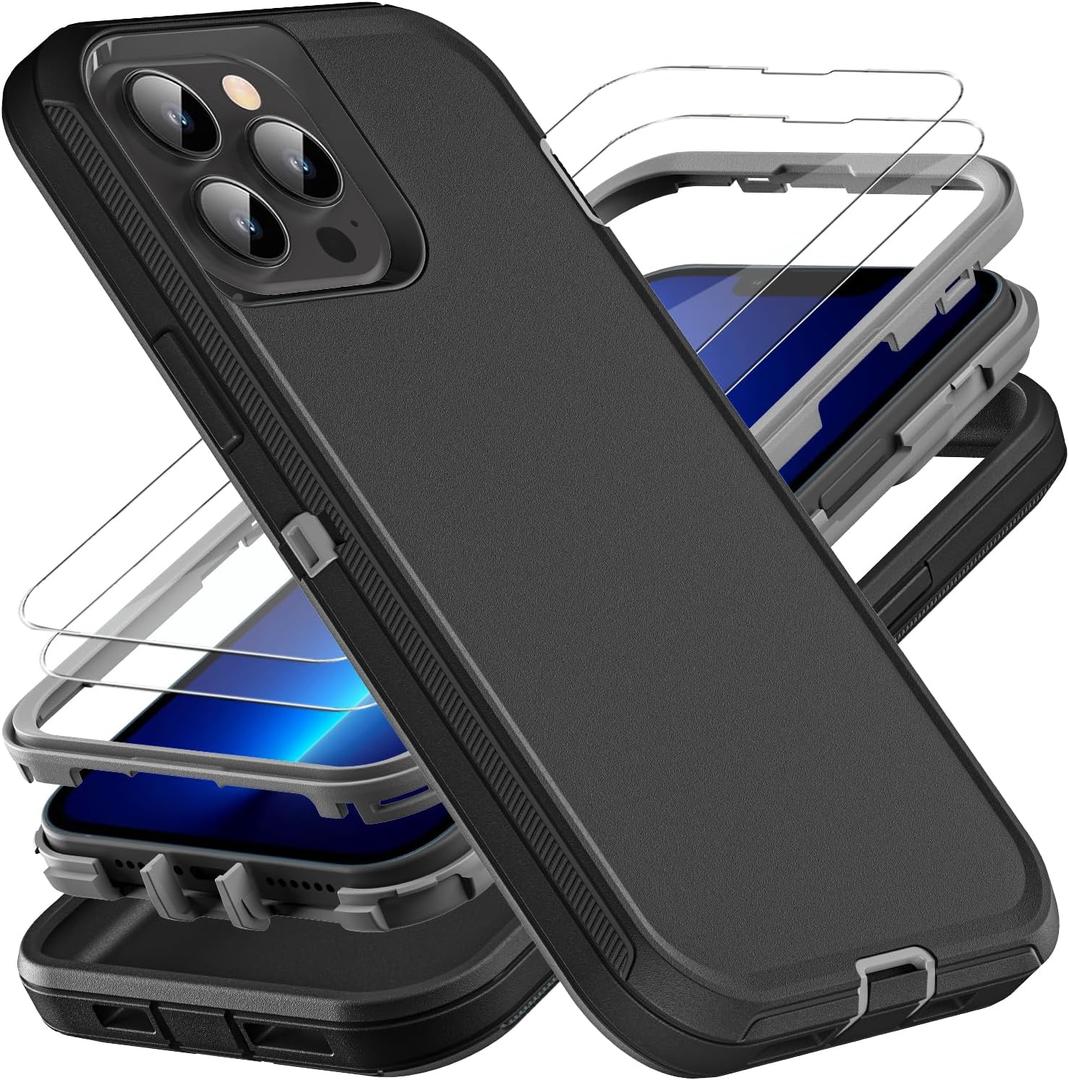 iPhone 13 Pro Max Case, Military Grade 3 in 1 Heavy Duty Shockproof/Drop Proof/Dust Proof Case with 2Pcs Tempered Glass Screen Protector (Black/Grey)