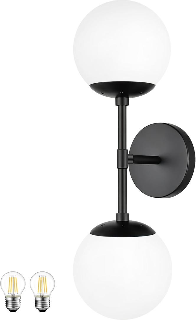 KoKo&Yukina Mid Century Modern Bathroom Matte Black Bathroom Vanity Light Fixtures Globe Sconce 2 Light Vanity Light Milky White Vanity Light Mid Century Wall Sconce