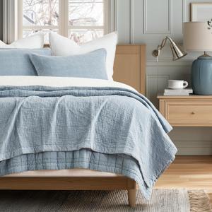 EVERGRACEHOME Stonewashed Cotton Quilt Set King Size, Ultra Soft Oversized Bedspread Coverlet Set, Lightweight Crinkle Box Stitch Bedding Sets for All Season, with 2 Matching Shams, Blue Linen