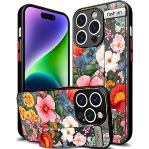 Compatible for iPhone 14 Pro Max Case Cute with Strap Stand Finger Kickstand, Designer Cool Silicone Cases Funda Cover - Red Amazing Flowers Florals