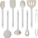 8 Pieces Kitchen Utensils Set, Vayvnt Silicone Cooking Utensils Set for Non-Stick Cookware, Stainless Steel Handle, Heat Resistant Kitchen Gadgets Includes Large Spatula Tongs, Dishwasher Safe, Khaki