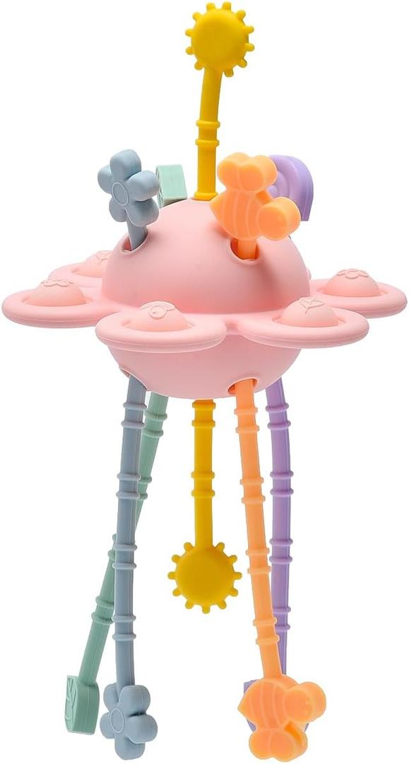 Montessori Sensory Toys for Babies,Silicone Teething Toys Pull String Baby Toy 18 Months (Pink)