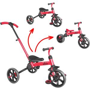 Yvolution 3 in 1 Toddler Trike Y Velo Flippa Push Tricycle Toddler Balance Bike with Parent Steering Push Handle for Boys Girls 2-5 Years Old (Red)