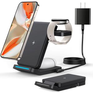 Foldable Wireless Charger for Google Pixel Watch 3/2, 3 in 1 Fast Charging Station Stand for Pixel 10 Pro XL/10 Pro/9/8/7 Pro/8a/8/7/6 Pro and Buds (Not for Pixel Watch 4/1) with QC Adapter (Black)