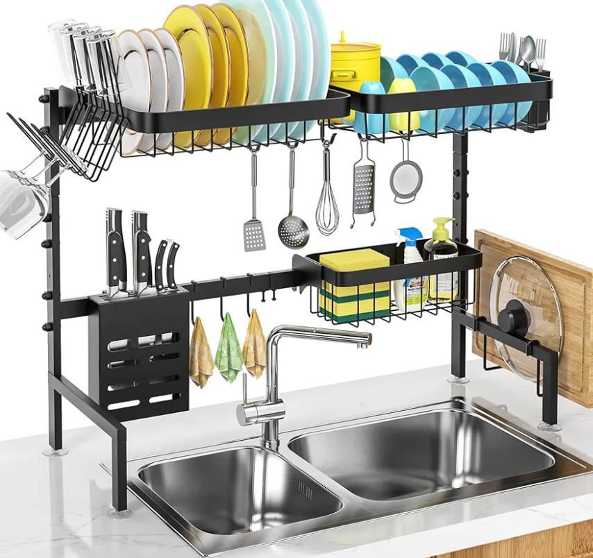 MERRYBOX Large Over The Sink Dish Drying Rack (33.4"-41.3") 2 Tier Length Adjustable Dish Drainer for Kitchen Sink Auto Drainage Space Saving Kitchen Organizer, Black